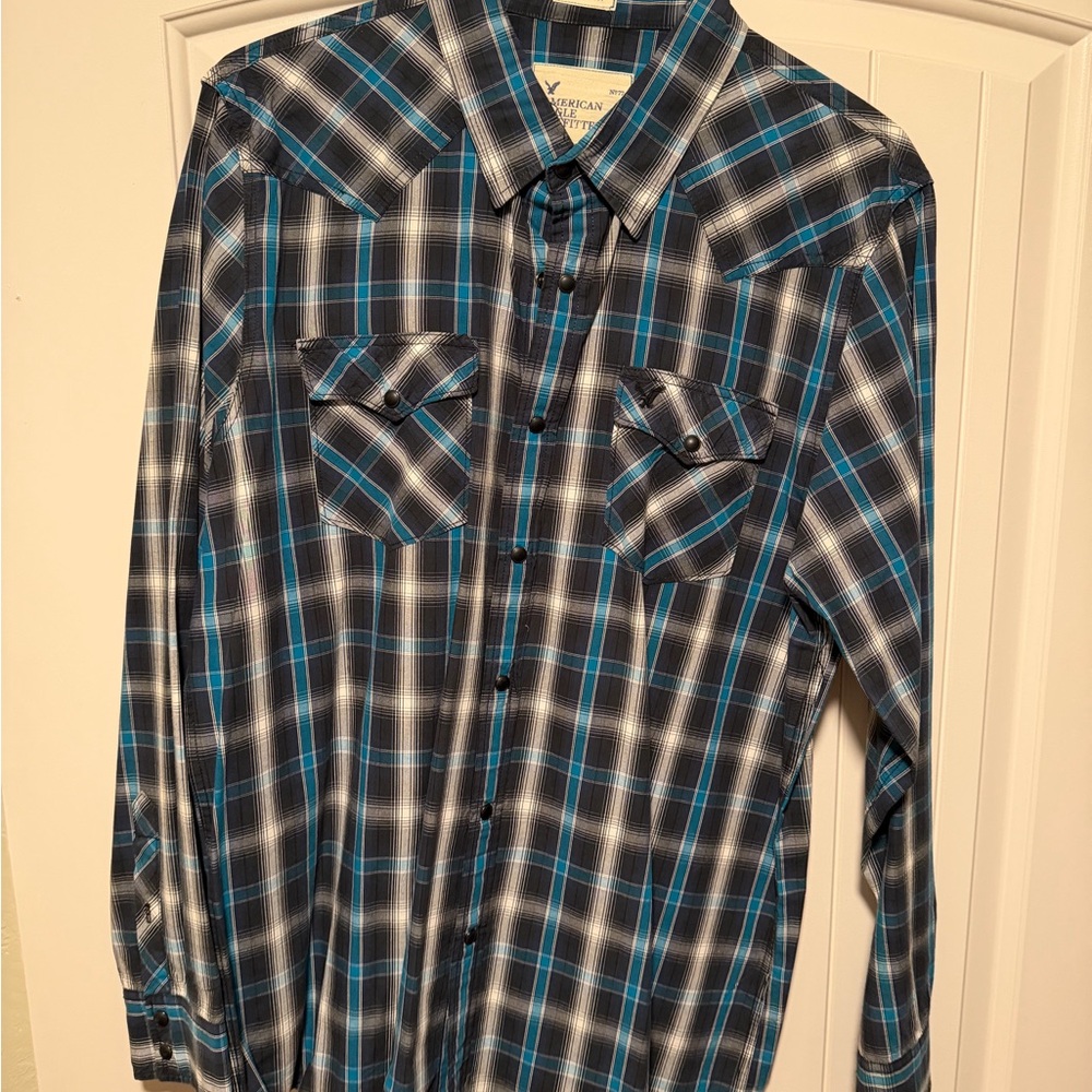American Eagle Outfitters Navy and Teal Plaid Shirt